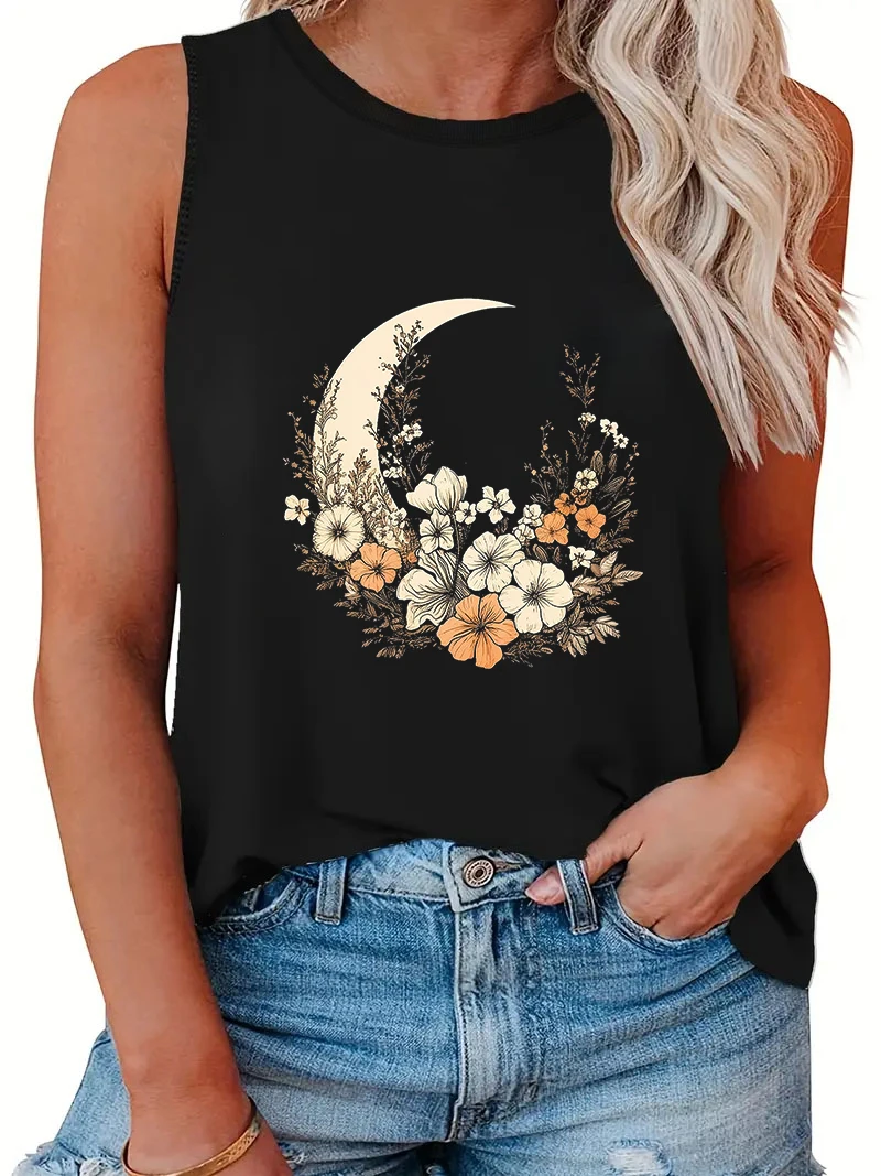 

Romatic Moon Garden Print Tank Tops Women Pieces Comfy Casual Loose Versatile Sleeveless Tee for Streetwear 2024 New