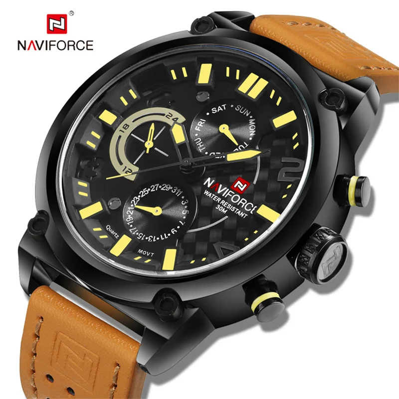 

NAVIFORCE Multifunctio Mens Watches Fashion Business Leather Waterproof With 24 Hour Day and Date Sport Watch Relogio Masculino