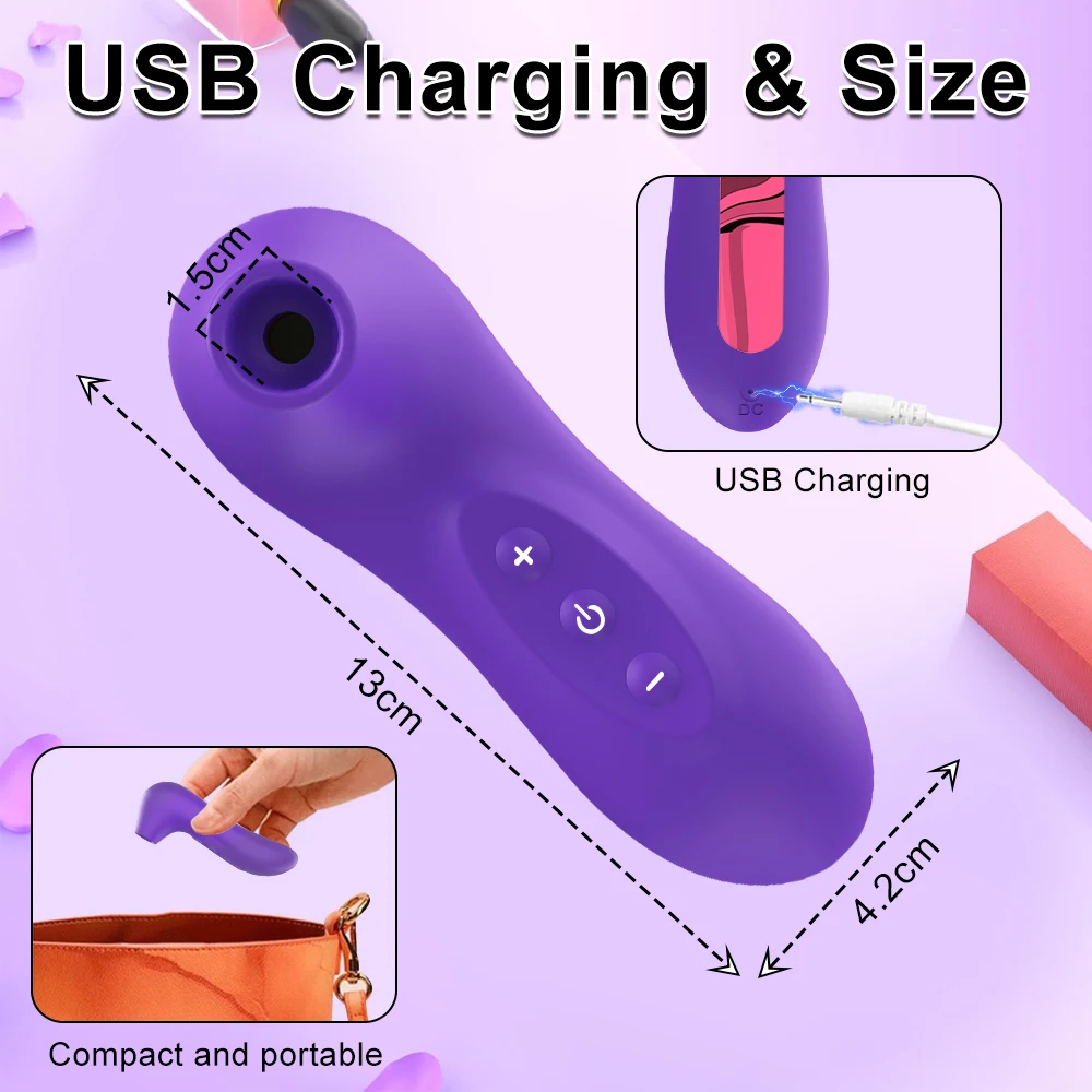 Lilla Vaikne nibude stimuleerija, millele on märgitud mõõtmed 13 cm pikkuses ja 4.2 cm laiuses. Nuppe on kujutatud esiküljel ja taustal on näha laadimine USB-kaabli abil. Kaasaskantavus on rõhutatud väikese oranži kotti asetamise pildiga.