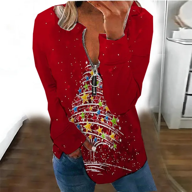 

2022 Autumn Women's Fashion Christmas Printed Zipper Long Sleeve Loose Casual Sweater Blouse