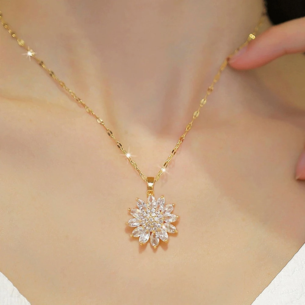 Sunflower Shape CZ Pendant Necklace For Women Gold Color