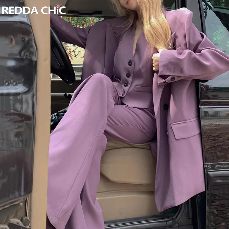 

ReddaChic Stylish Women's Blazer Jackets Basic Plain Purple Suit Statue Outer Sleeveless Vest Wide Pants Y2k Vintage 3-piece Set