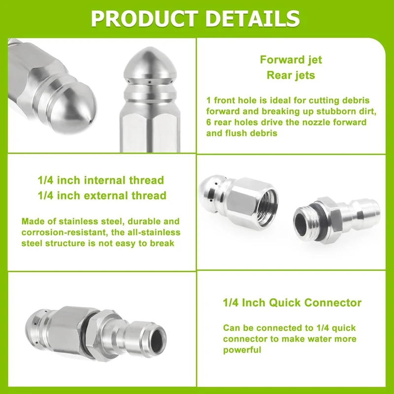 Sewer Jet Nozzle Stainless Steel Pressure Washer 1/4