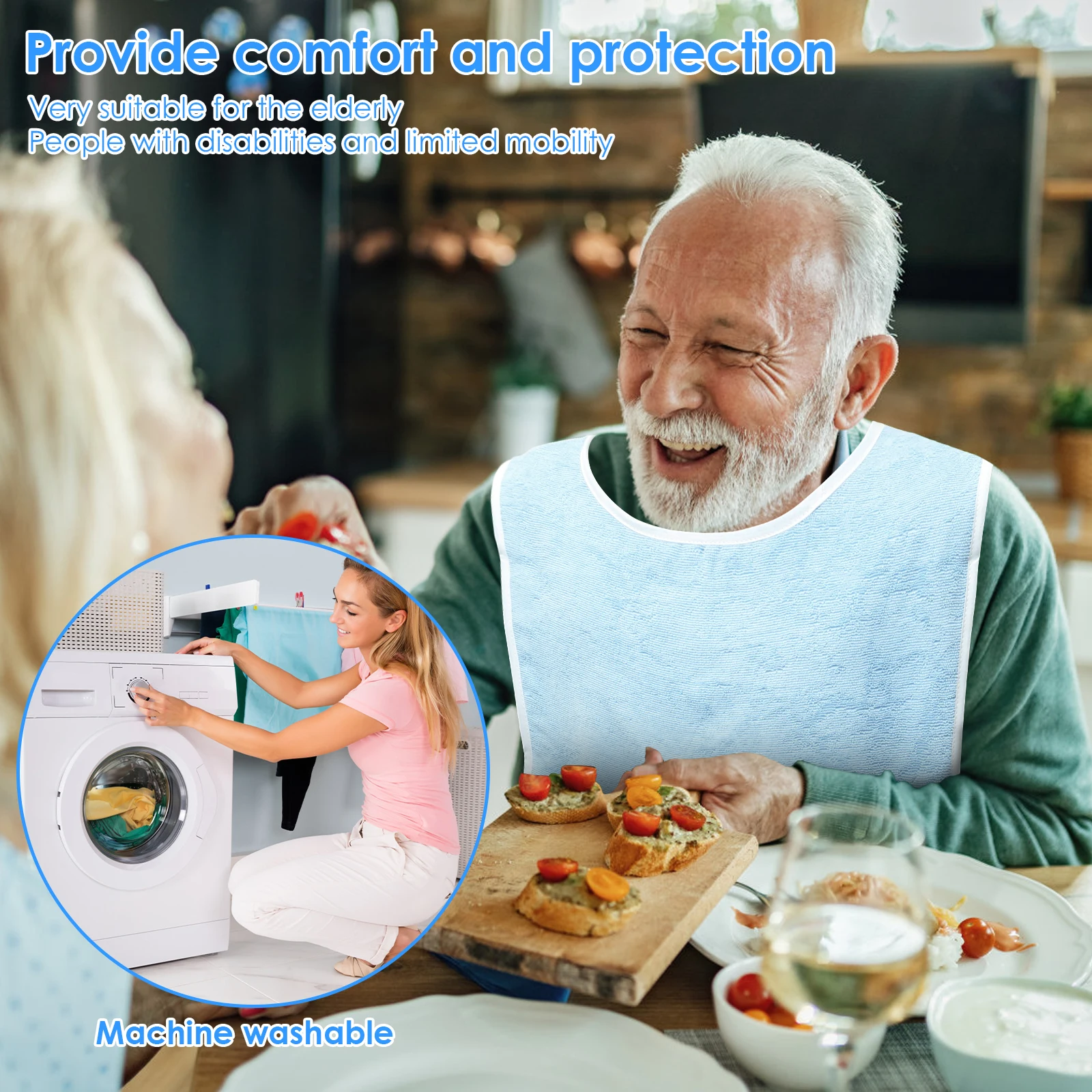 4Pcs Adult Bibs Polyester Dining Clothing Protectors Adjustable Adult Feeding Bibs Seniors Stain Resistant Diet Cloth Blue/Grey