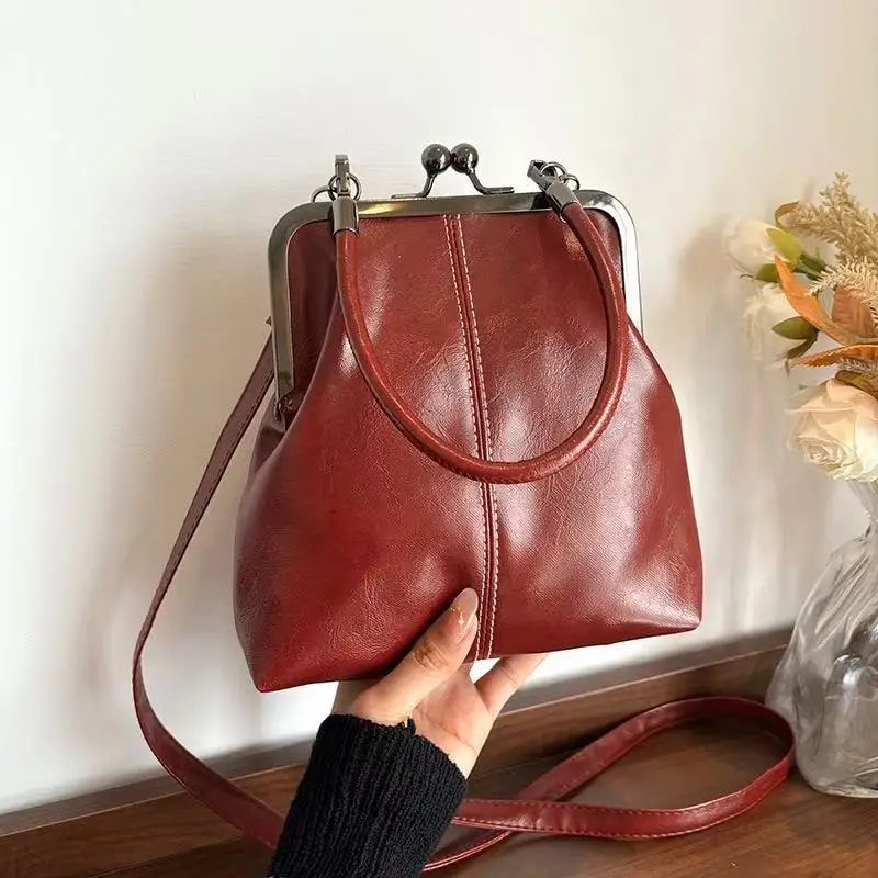Three Vintage Kiss Lock Handbag Timeless Elegance in Black, Burgundy, Brown Versatile Styles Faux Leather Shoulder Crossbody Bag