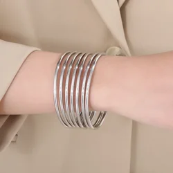 Elegant Gold - Toned Stainless Steel Minimalist Women's Bracelet - S - 60 (Silver 7PCS)