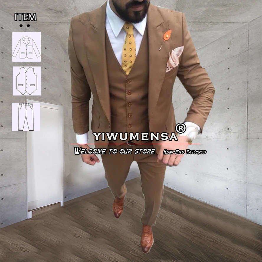 Brown Business Men Suits Blazer Boyfriend 3 Pieces Groom Wear Wedding Tuxedo Plus Size Single Breasted Jacket Vest Pants Dress