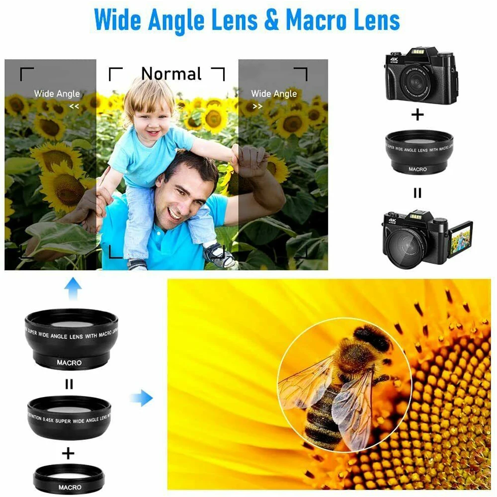 Digital Camera 4K Full HD 3inch 48MP 30FPS WIFI 16X Digital Zoom Flip Screen Auto focus Professional Camcorder W/Wide Angle Lens
