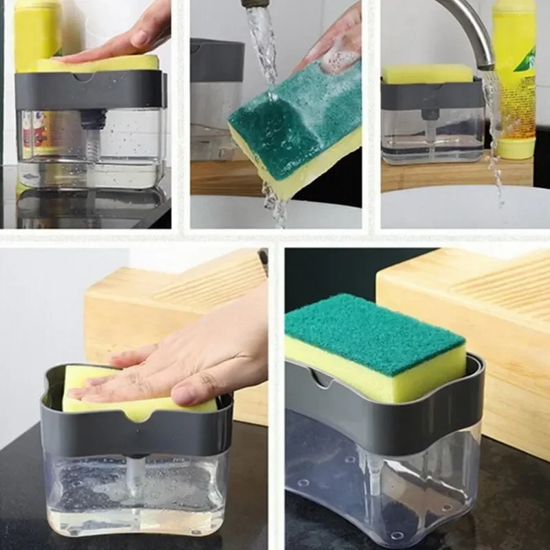 Soap Dispenser Pump with Sponge Manual Press Cleaning Liquid Container Organizer Kitchen Tool