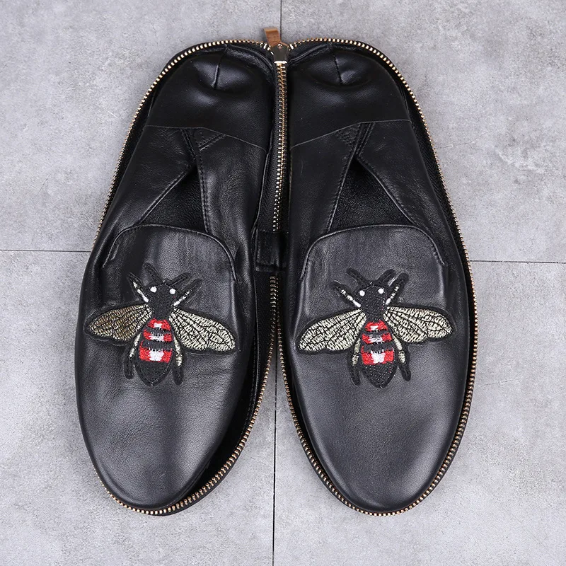 Men's Genuine Leather Braid Shoes Comfortable Black Zipper Wallet Shoes British Korean Breathable Portable Travel Casual Shoes