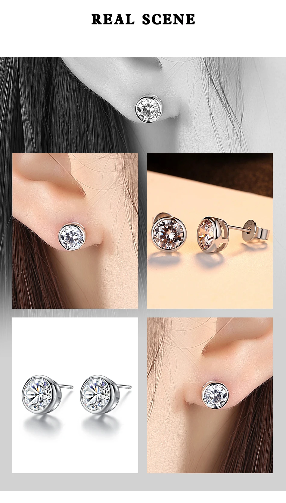 Orecchini in argento sterling classici con zirconi cubici singoli tondi brillanti per le donne Festa per ragazze con orecchini a bottone in argento_voghion.com
