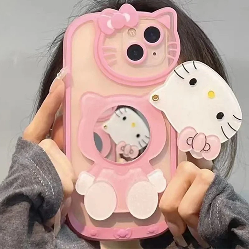 Sanrio-funda transparente de Hello Kitty para iPhone, 15, 14, 13, 11, 12 Pro Max, XS, XR, 7, 8 Plus, SE20, con espejo cosmético, cubierta de dibujos animados, Y2K
