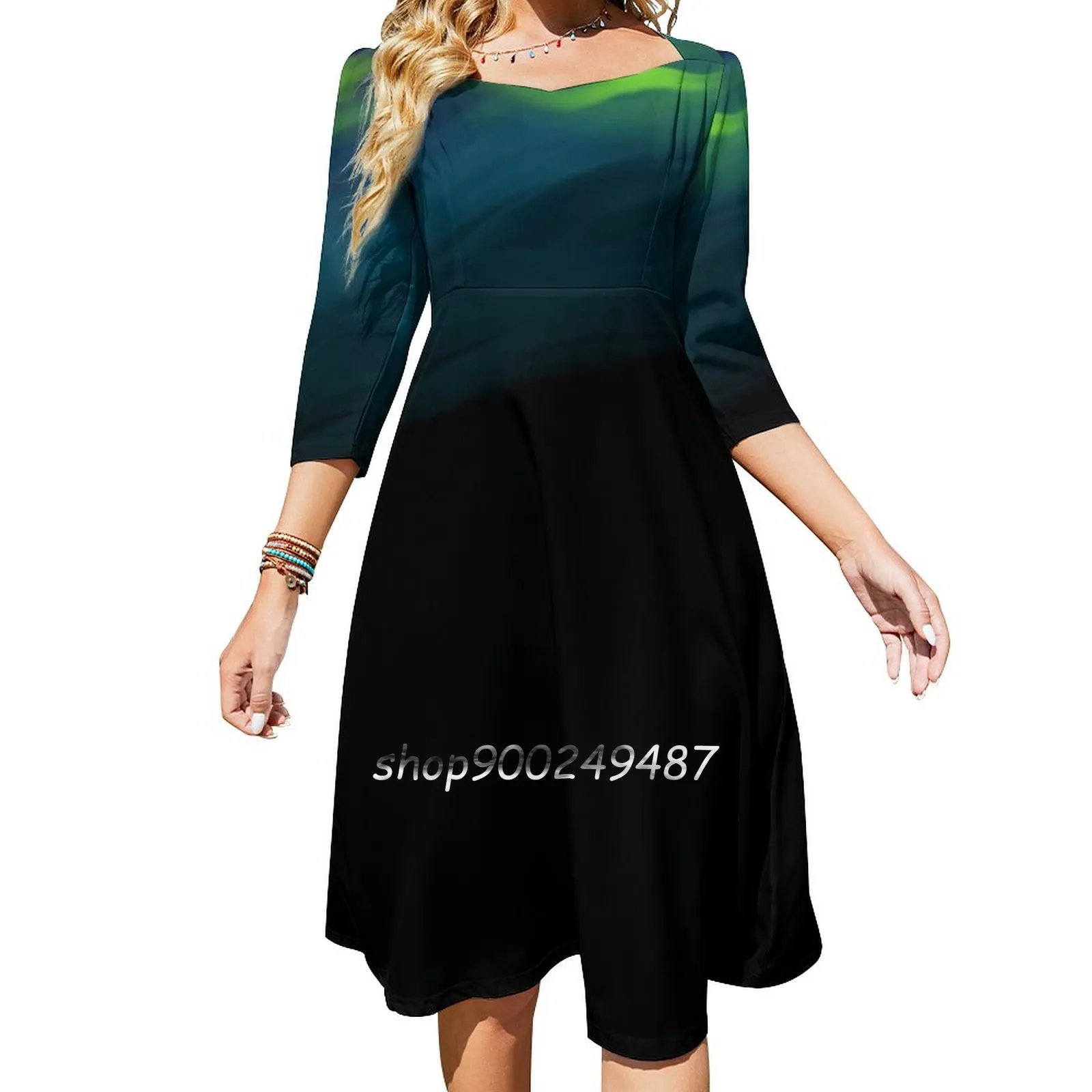 

Illuminated Evening Square Neck Dress New Plus Size Elegant Women Waist Tight Dress Bright Northern Lights Aurora Borealis