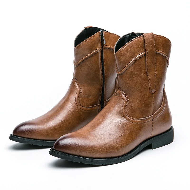 NewMenCowboyBootsBrownWesternZipperAnkleBootsSquareToe