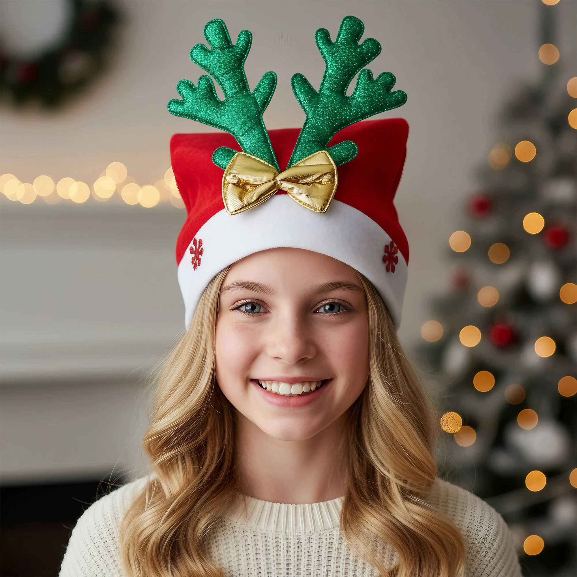 Festive Reindeer Antlers Headband with Glitter Bow and Bells Christmas Party Hair Accessories for Adults and Kids