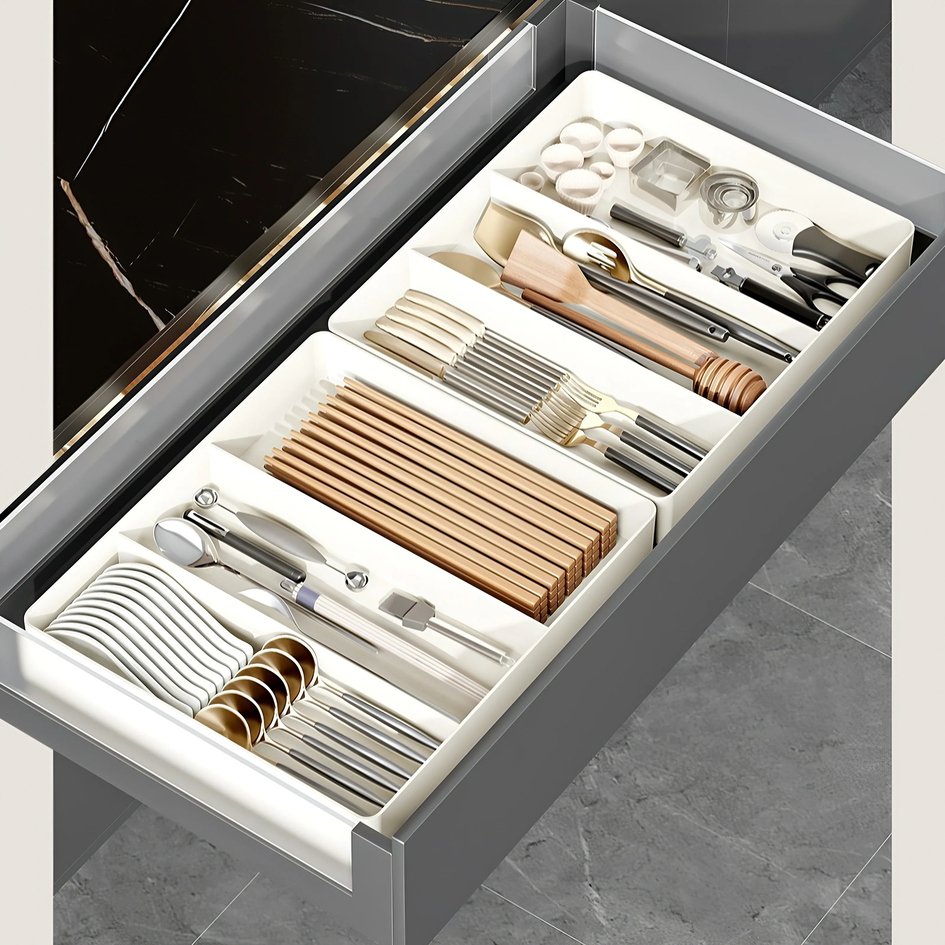Versatile Adjustable Plastic Organizer Set Lightweight Large Capacity for Desk Drawer Coffee Bar Kitchen & Office storage box rotating storage organizer