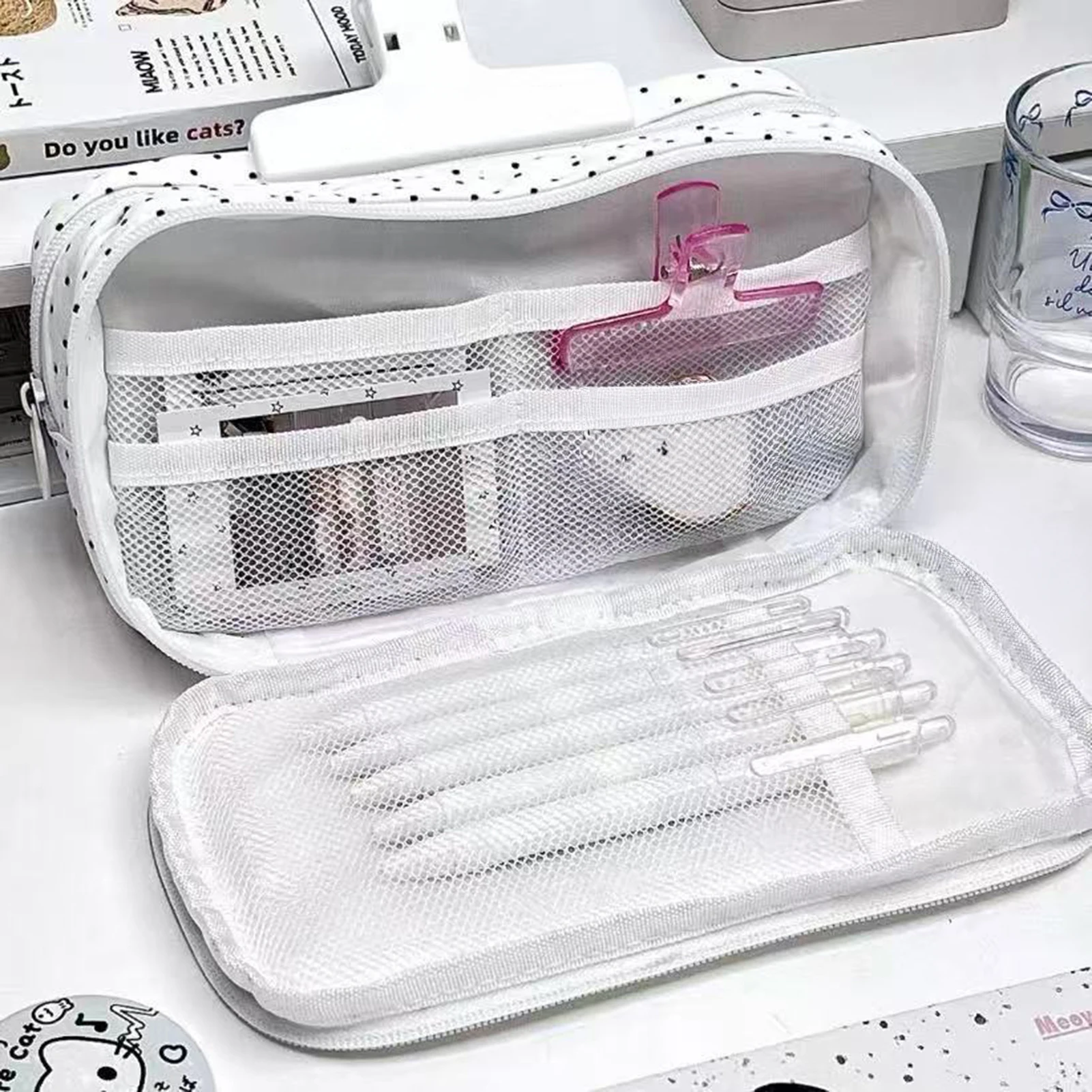 고밀도 나일론 연필 케이스, 고양이 물방울 무늬 프린트, 다층 정리함, 학생 소녀들을 위한 대용량 펜 파우치