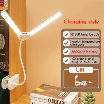 LED 클립 데스크 램프, USB 충전식 이중 독서등, 3 단계 따뜻한 쿨 화이트 일광, 유연한 이지 클립 야간 조명