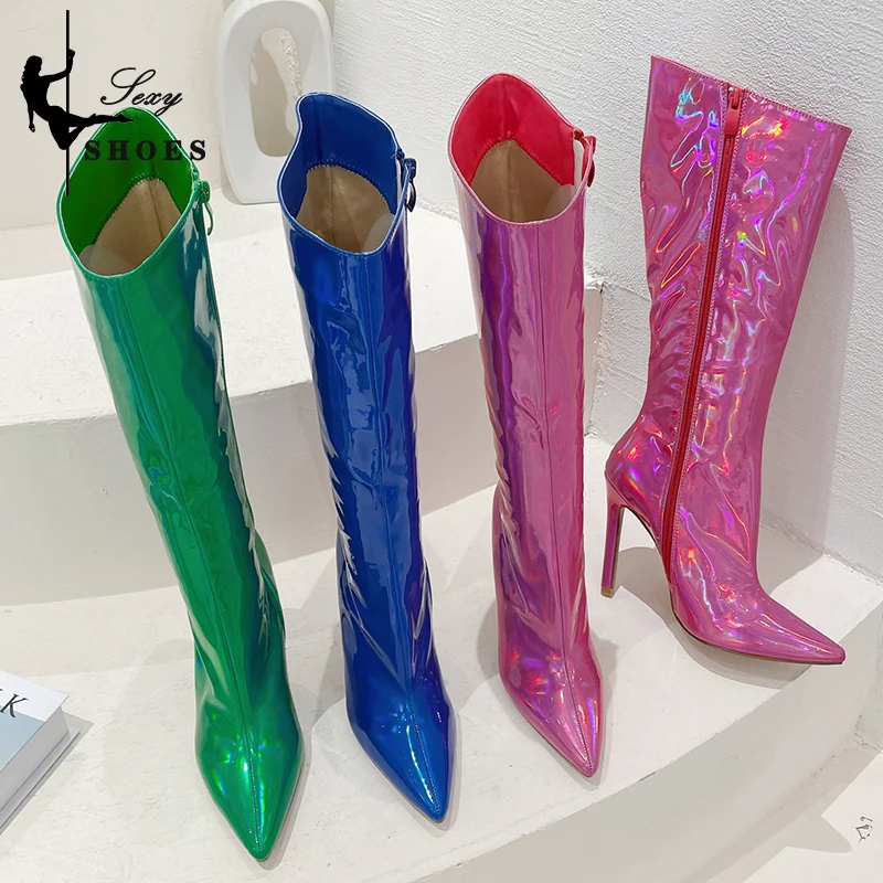 Women Knee-Hig Boots Brand Sexy Girls Pointed Toe Stiletto Sewing High Heels 11cm Thigh High Boots Nightclub Ladies Shoes Fetish