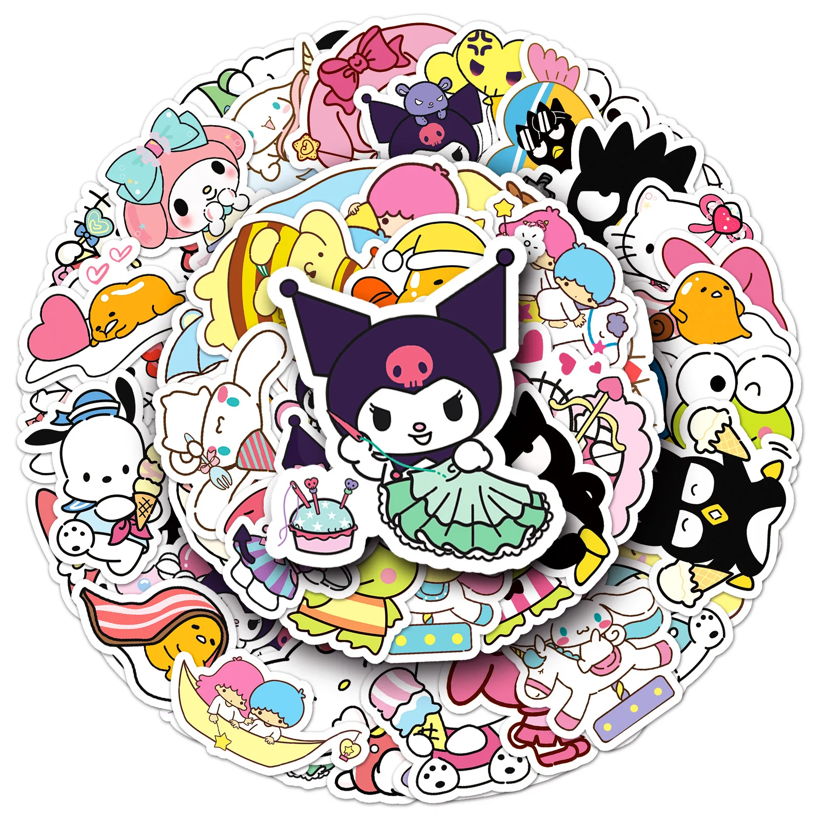 50pcs Sanrio Family Cute Hello Kitty Kuromi Cinnamoroll Melody Children's DIY Bright Film Waterproof Sticker cartoon stickers,kawaii stickers,colorful stickers,decorative stickers