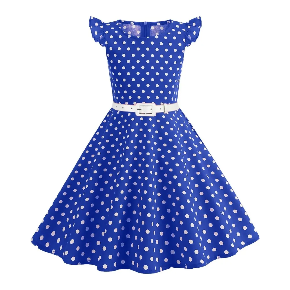 Girls' Vintage Dresses Fashion 50s 60s Polka Dot Print Sleeveless Long Dress With Belt Princess Dress Summer Children Clothes - 6