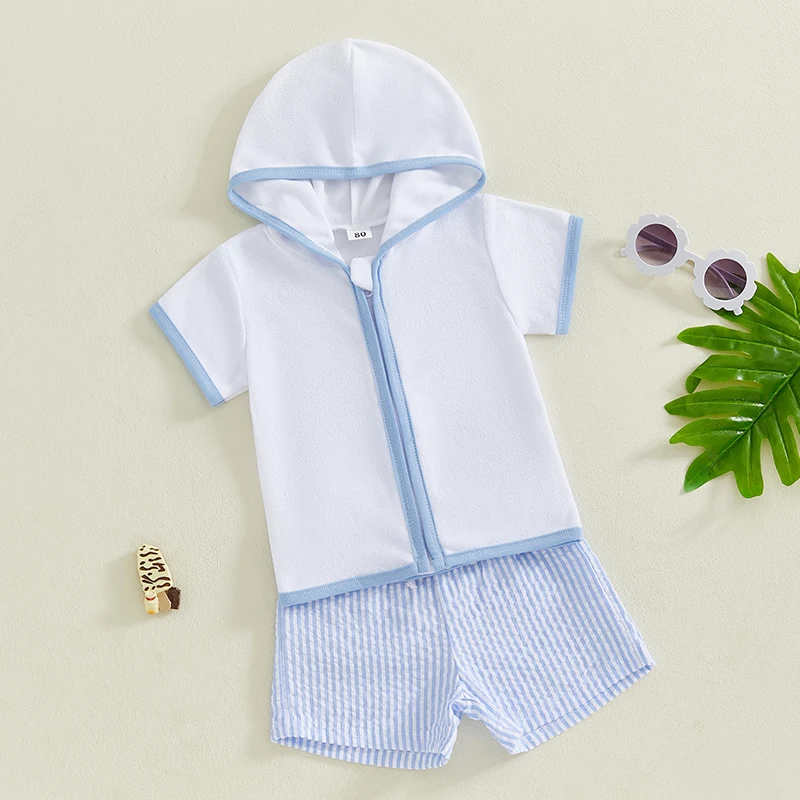 1-5T Toddler Baby Boy Girl Swim Cover Up Towel Terry Zipper Hooded Tops Seersucker Shorts Set Beach Bathing Suit Coverup