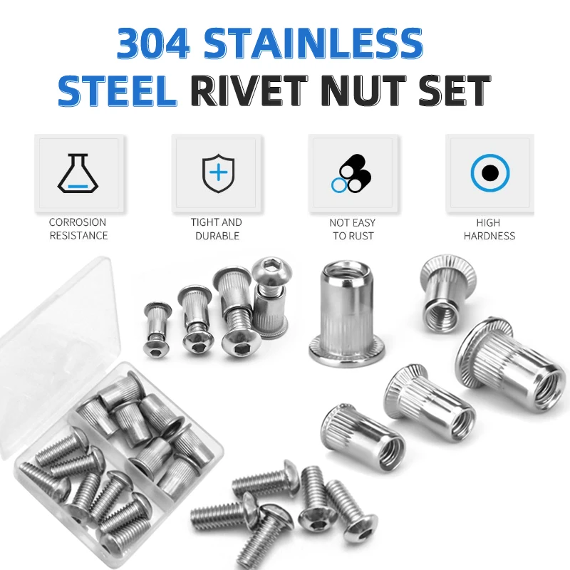 Pop Rivet Nuts Kit, Flat Head Rivnuts with 304 Stainless Steel Bolts & Screws-Assortment Kit 8-32, 10-24, 1/4-20, 5/16-18