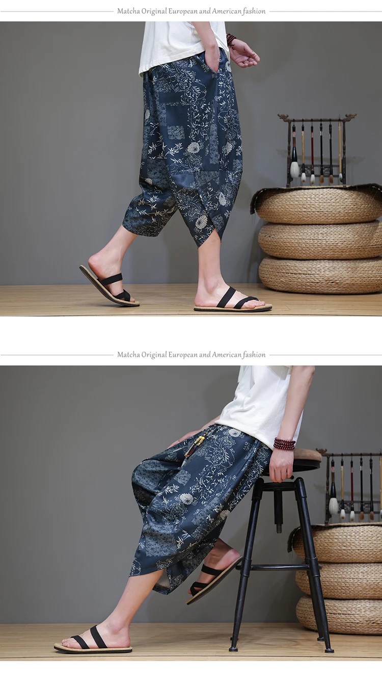 Chinesischen Stil Harem Hosen Männer Sommer Dünne Beiläufige Jogger Herren Hosen Streetwear Eis Seide Gedruckt Kalb-länge Hosen Männer – Detail 13