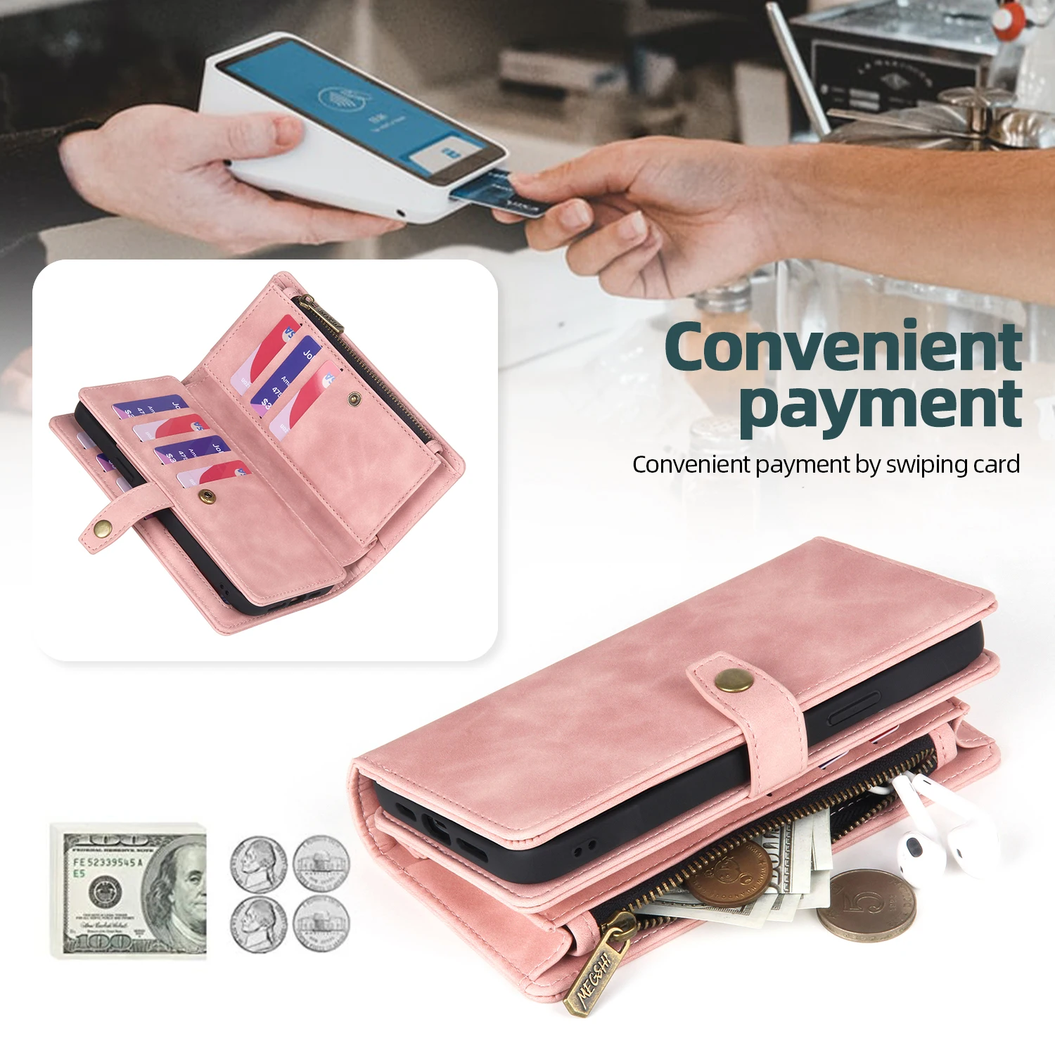 Capa de Couro Magnética para Samsung Galaxy S20 S21 fe S22 S23 S24 Ultra Plus Carteira com Zíper Porta-cartões Capa de Bolso Destacável - Image 4