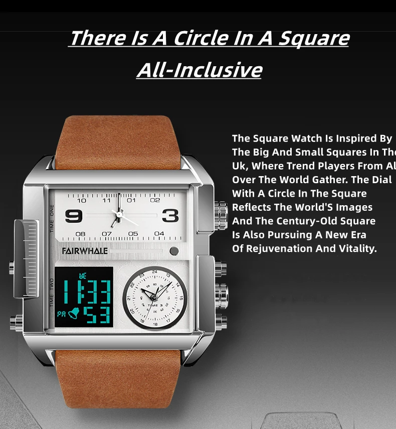 Mark Fairwhale Men's Top Luxury Brand Waterproof Watch Men's Quartz Analog Digital Watch Square Watch Trinity Design