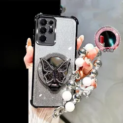 Shockproof Magnetic Mirror Case with Butterfly Phone Holder and Bracelet Cover for Infinix Smart 8 (Black)