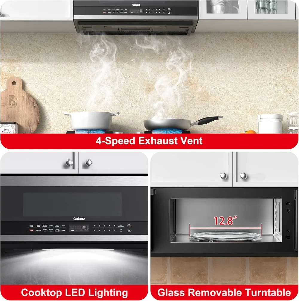 Galanz Low Profile Over The Range Microwave Hood Combination Steam & Sensor Cooking, 11 Power Levels, 1.2 Cu Ft, Stainless Steel 5