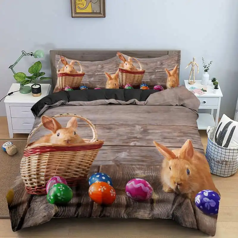 

Happy Easter King Queen Duvet Cover Lovely Bunny Colorful Eggs Bedding Set Rabbit Comforter Cover Animal Polyester Quilt Cover