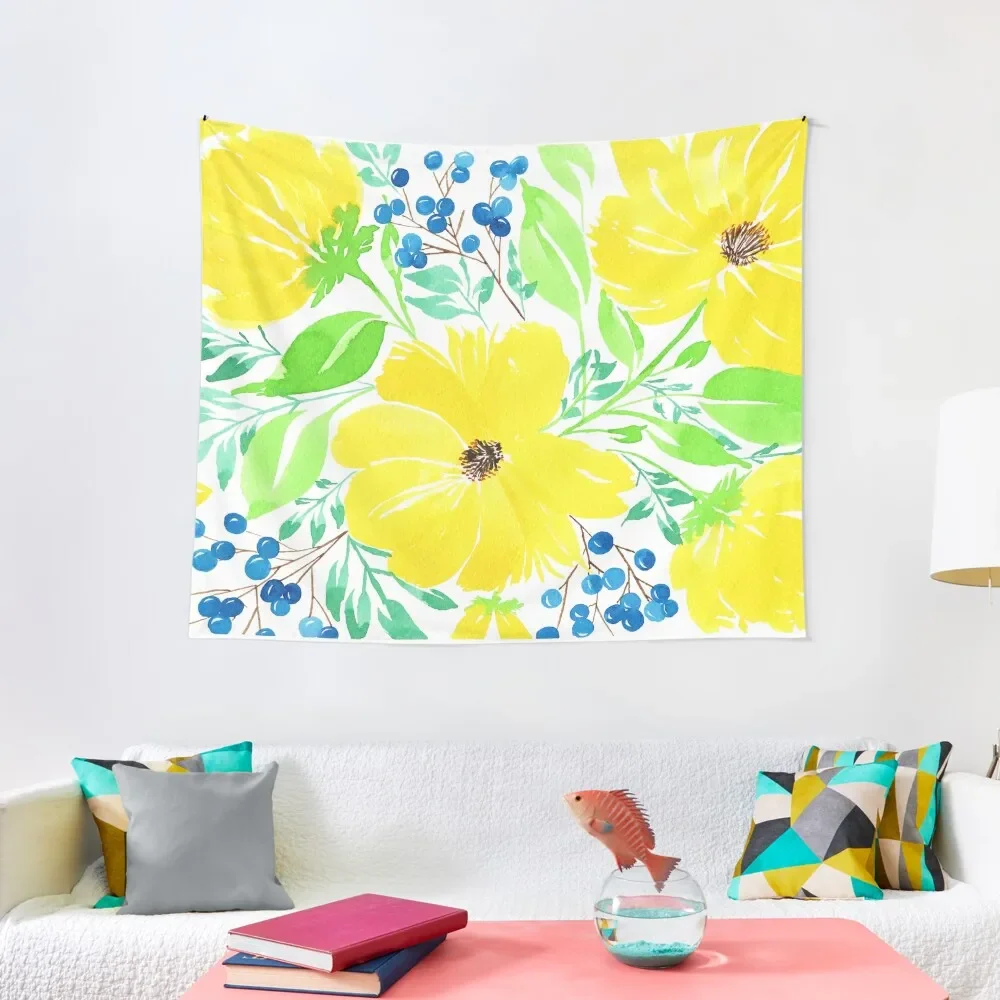 

Yellow Flowers and Blue Berries Tapestry Wall Decor Hanging Room Decore Aesthetic Home Decorating Tapestry
