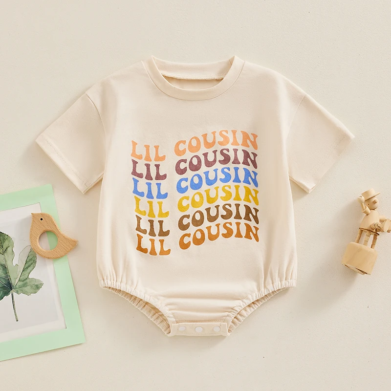 

Baby Girls Boys Summer Romper Infant Apricot Short Sleeve Crewneck Letter Print Bodysuits Cute Baby Jumpsuits