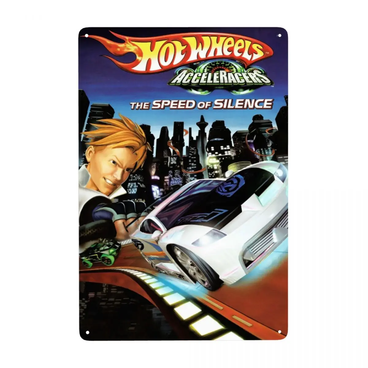 Retro Sport Car Hot Wheels Acceleracers Metal Signs Custom Cartoon Car Targa In Latta Cancello Da Giardino Bar Wall Art Decor 12X8 Pollici