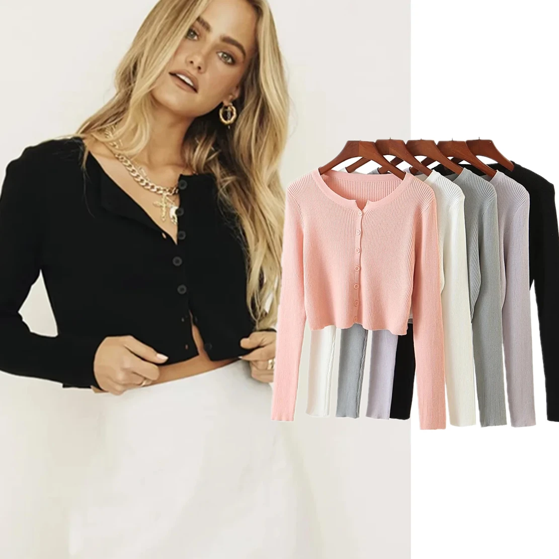 

Withered 2024 Ins Blogger High Street Single Breasted Short Long Sleeve Knitted Cardigans Women Tops