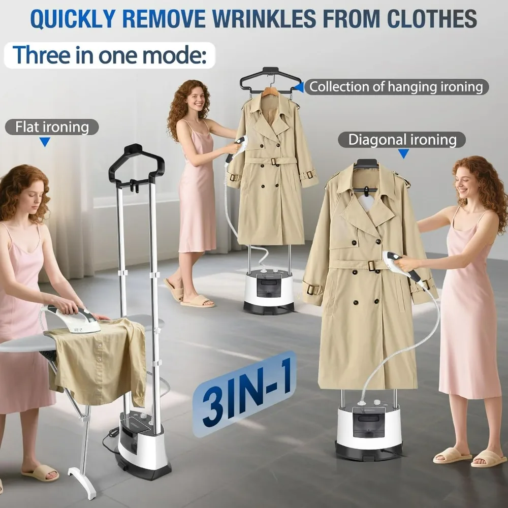 1500W Fast Heat Standing Garment Steamer with 101 fl.oz Detachable Tank and 2-Level Steam Ironing Board