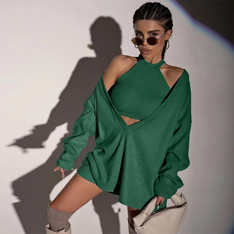 Knitted 2 Pieces Set Elegant Female Women V-Neck Long Sleeve Euphoria Outfit Pullover Crop Top Streetwear Suits Autumn calvin klein euphoria for women 100