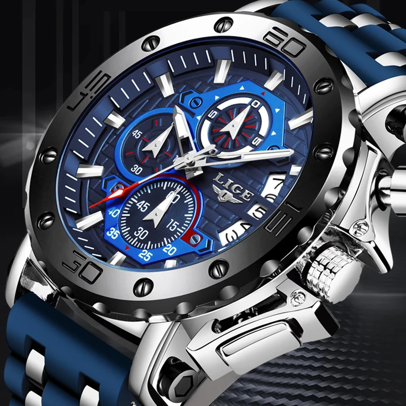 LIGE Top Brand Luxury Man Watch Waterproof Chronograph Luminous Date Wristwatch For Men Quartz Silicone Men's Watches Sprots