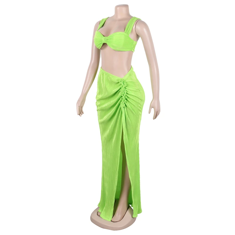 Chic Pleated 2 Piece Resort Skirt Set Women Sexy Strapless Spaghetti Straps Crop Top Ruffles High Split Long Party Dress Suits