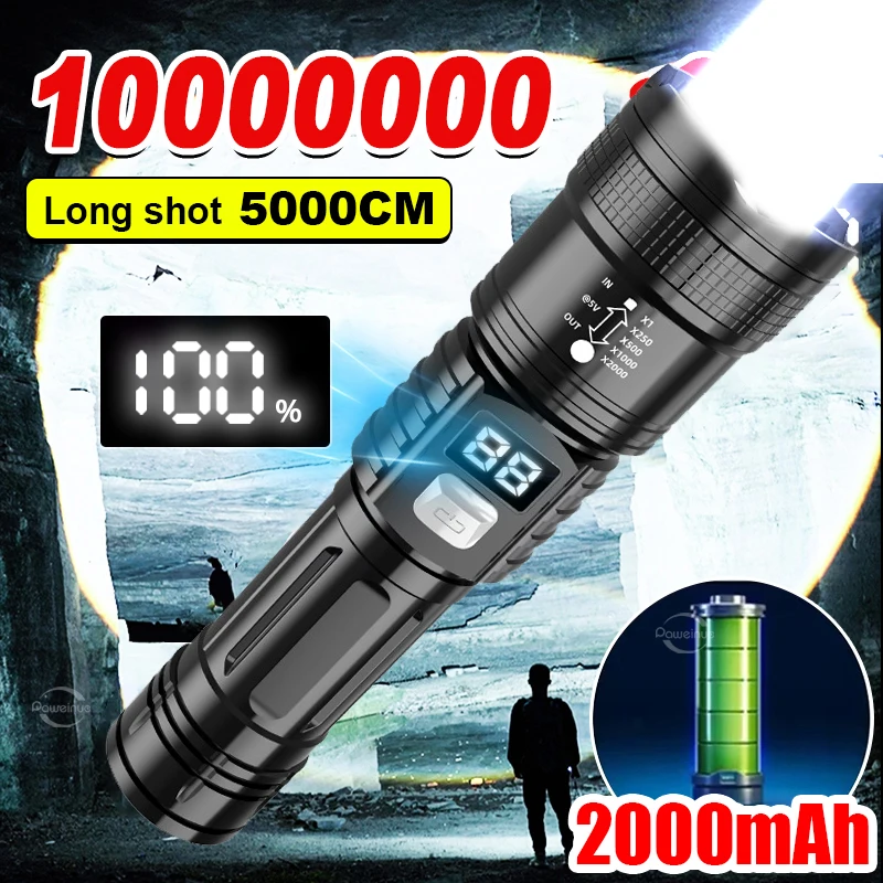 Portable High Power Led Flashlights USB Rechargeable Tactical Torch With Display Screen Camping Fishing Emergency Zoom Lantern