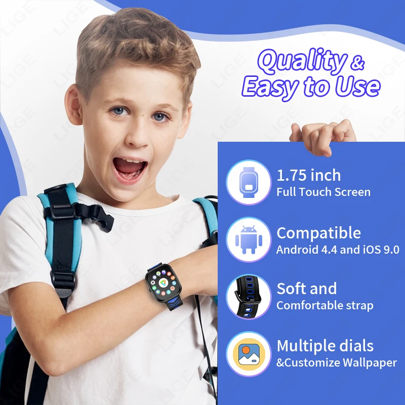 LIGE New Kid Call Smart Watch Full Touch Screen Children Puzzle Games Heart Rate Blood Oxygen Alarm Clock Birthday Gift Boy Girl