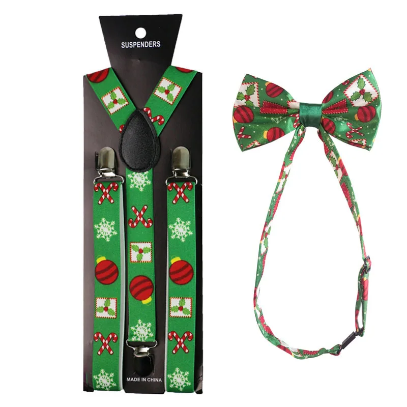 

Men's Suspender 2 Piece Christmas Green Print Loose Tight Back Belt 2.5*100 Cm Party Strap+Bow Tie Suspenders Man For Pants Gift