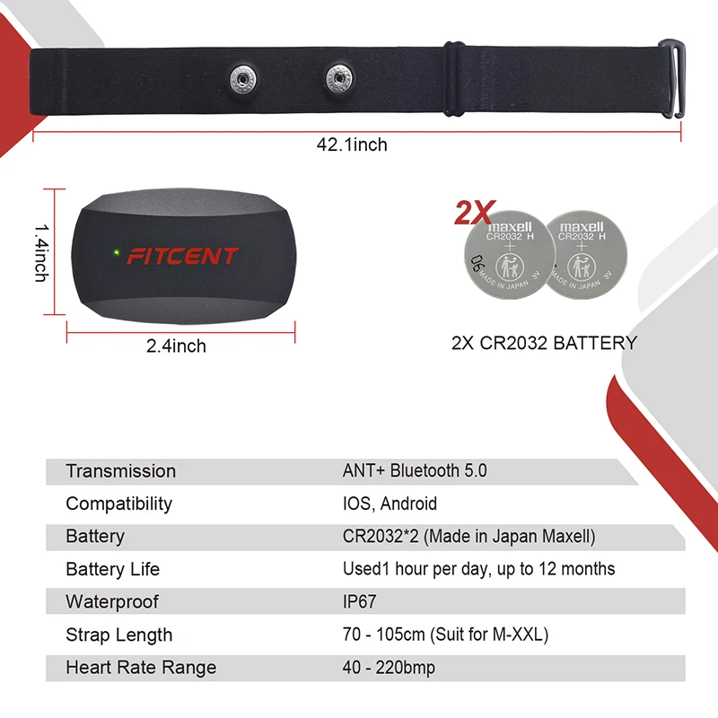 Bluetooth hartslagmeter borstband & mier + gezondheidssensor voor iphone of android tracks hr zones en verbrande calorieën