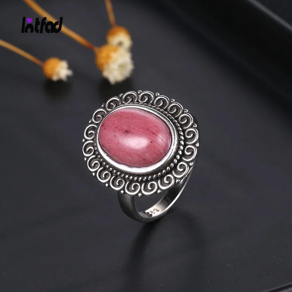 

925 Sterling Silver Ring with Large Natural Rhodochrosite Sun Flower Shaped Tiger Eye Jewelry for Women Wedding Anniversary Gift