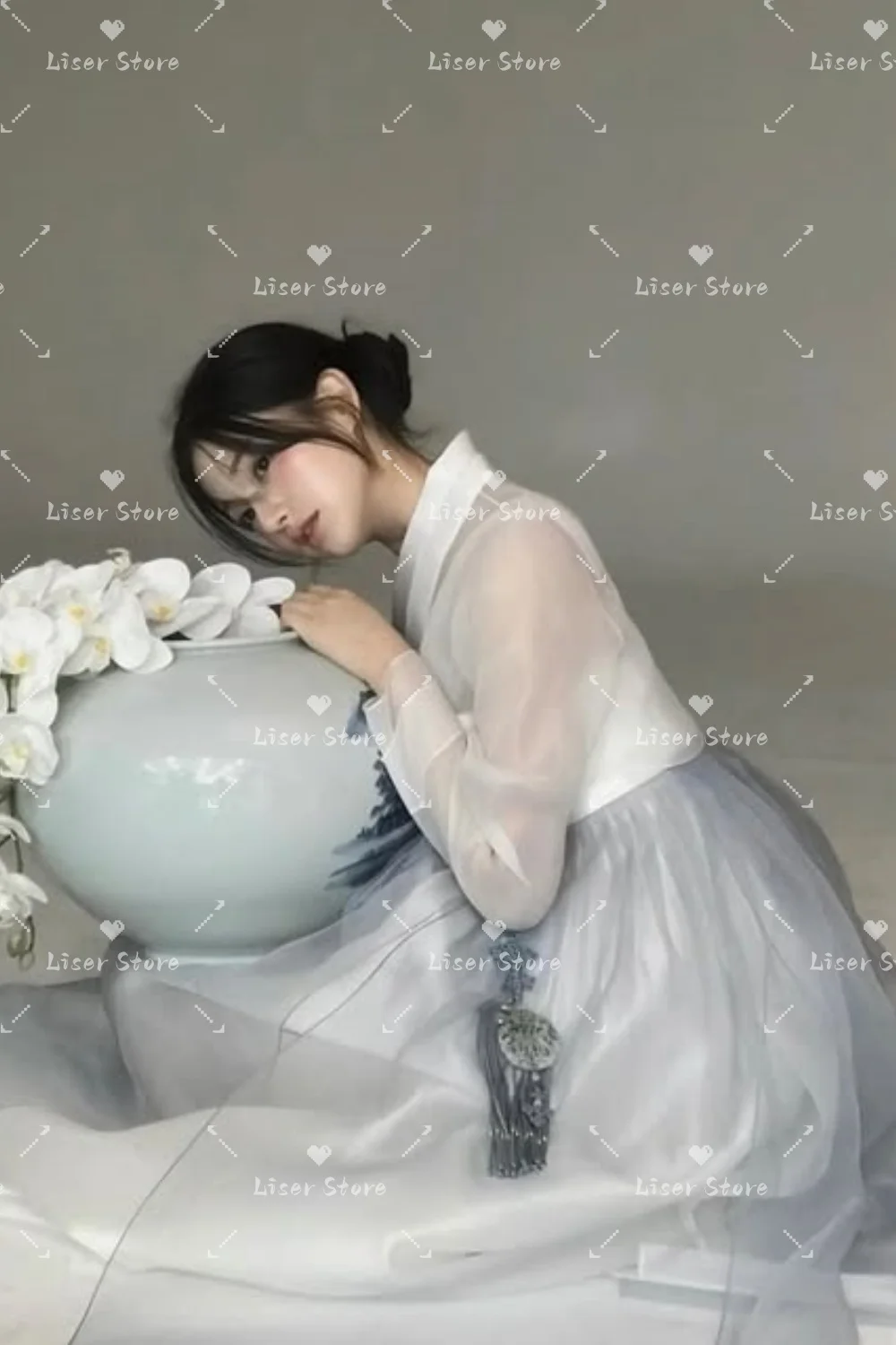 Liser Customized Dreamy Hanbok Women White Sheer Top Blue Grey Flowy Skirt Korean Traditional Dress Wedding Photos Photography