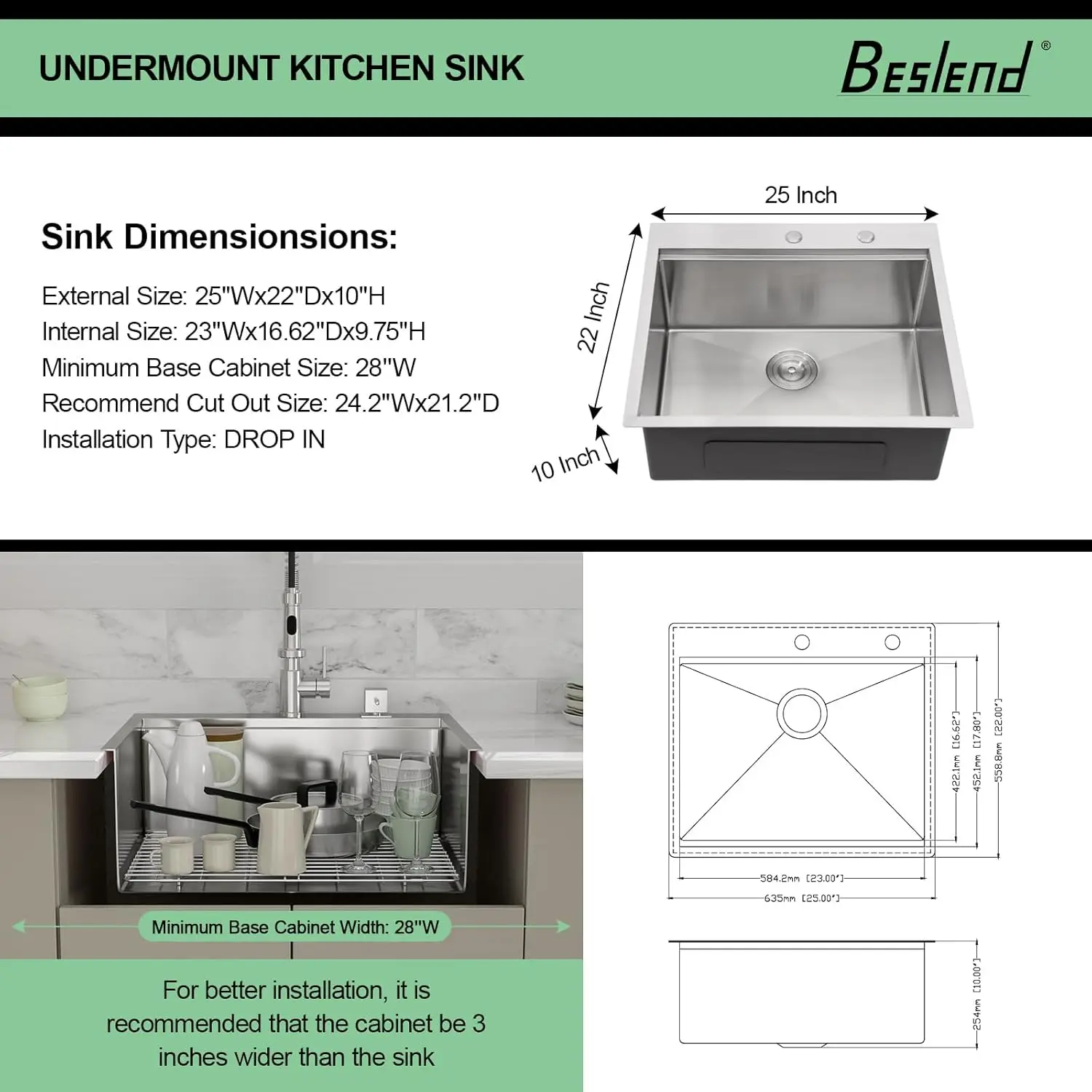 25 Drop In Kitchen Sink - Beslend 25X22 Inch Stainless Steel Kitchen Sinks Ledge Workstation Sink 16 Gauge Top Mount Sink 6