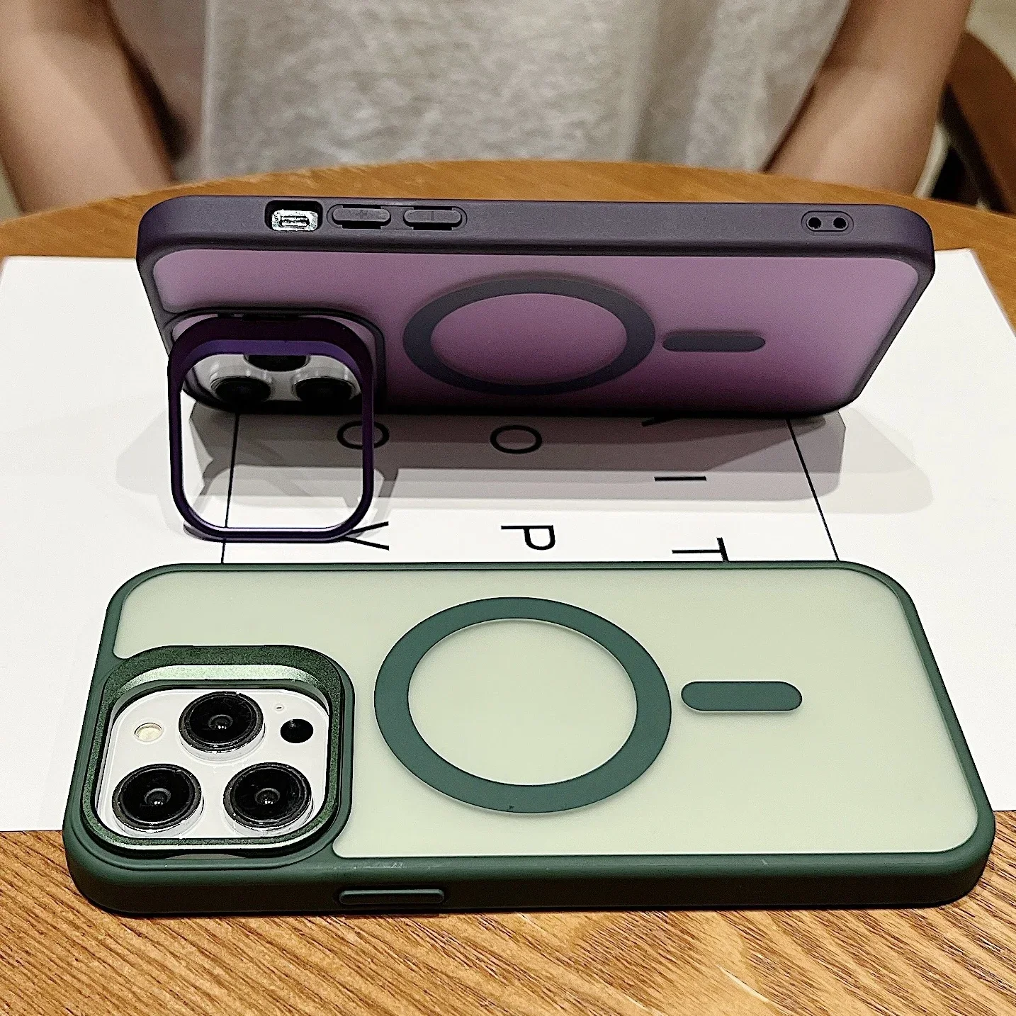 Premium Magnetic Wireless Charging Matte Phone Case with Metal Flip Lens Bracket and Magsafe Compatibility