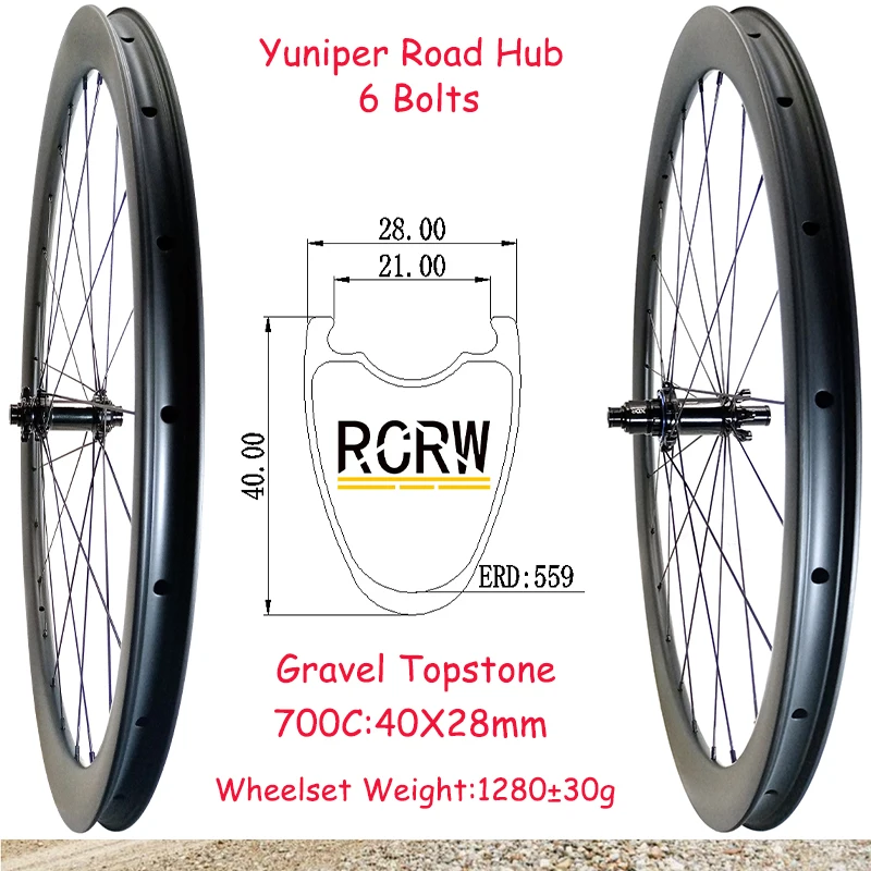 

700C Gravel Road 40X28mm Wheelset Carbon Rim Tubeless 28 Wide 40 Deep Yuniper 6 Bolt Disc Ceramic Bearing Hub Shiman HG XD XDR